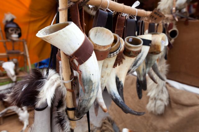Drinking horns displayed in a viking market.