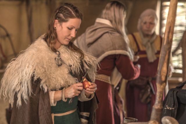 Female viking with hair that is neatly braided.