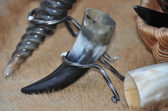 Plain and polished looking drinking horn in a stand.