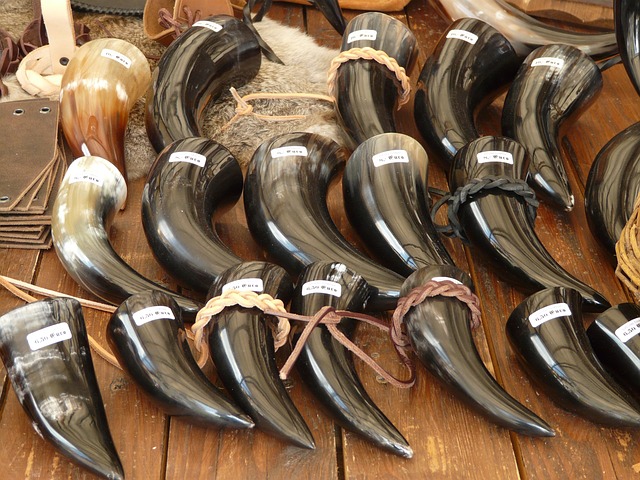 New drinking horns for sale in a market.