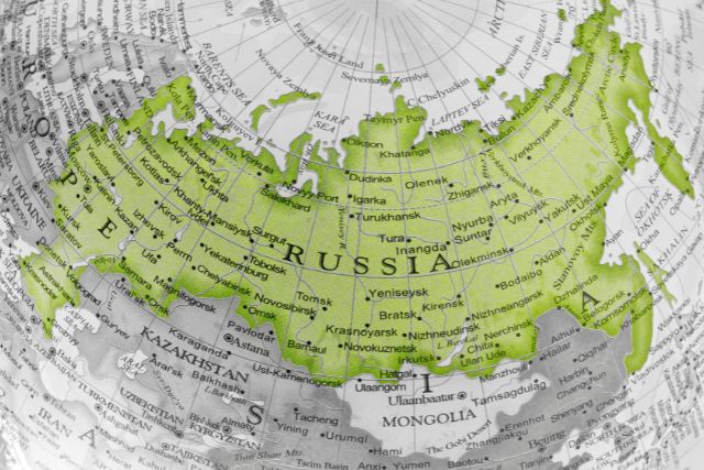 Close up image of Russia in the globe.