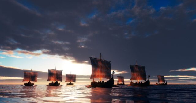 Multiple viking ships sailing into an unknown land.