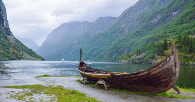 A viking boat ruin on a coast near a viking settlement in Norway.