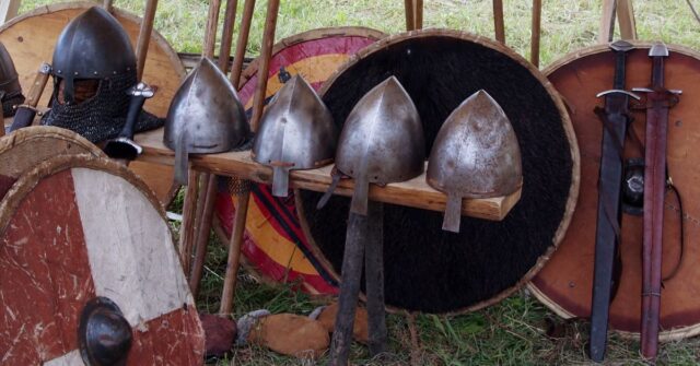 A viking camp reenactment in a festival.
