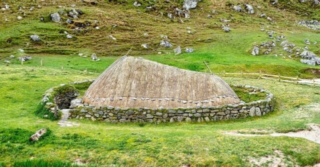 Viking longhouse with field outside.