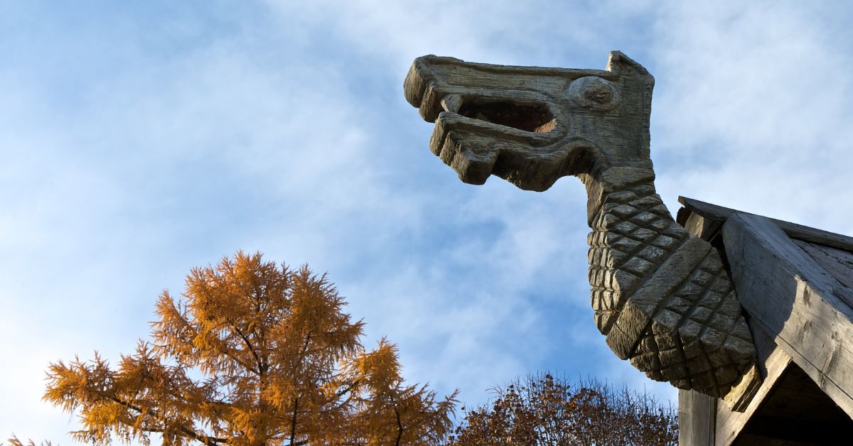 A sculpture in a viking village building.