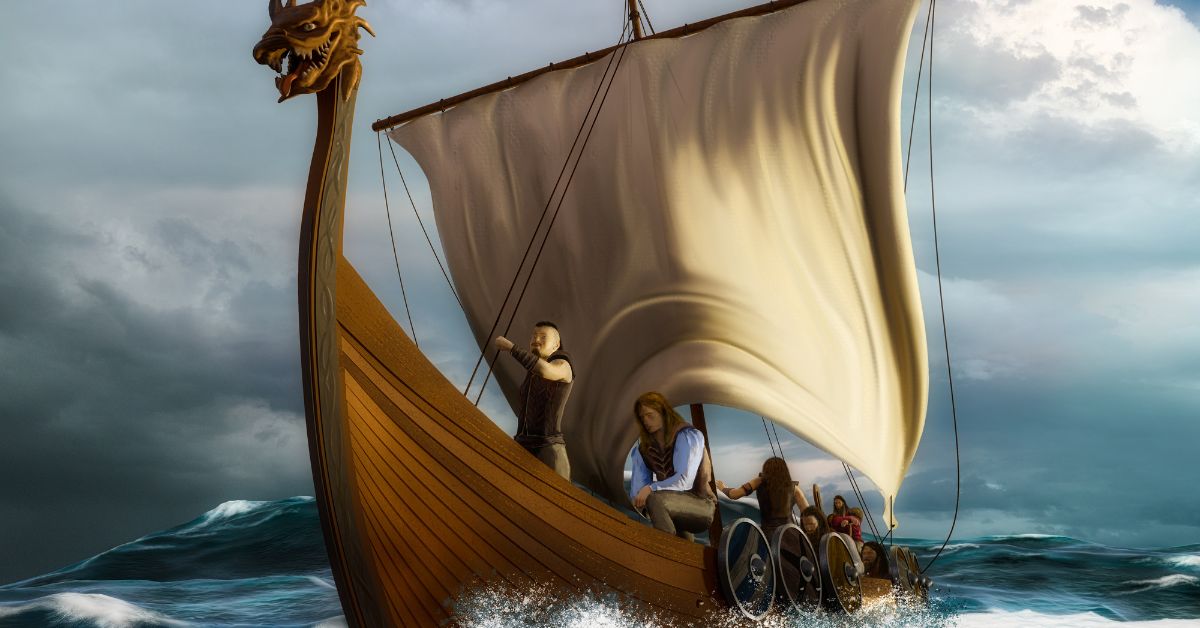 A viking ship sailing in a rough open sea.