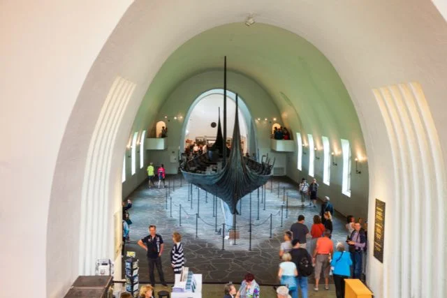 Viking ship displayed in a museum.