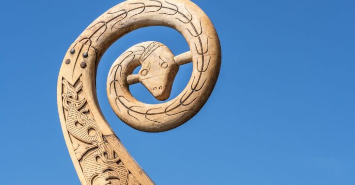 Wood carvings in a viking ship.