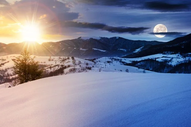 Winter Solstice on a snowy mountain.