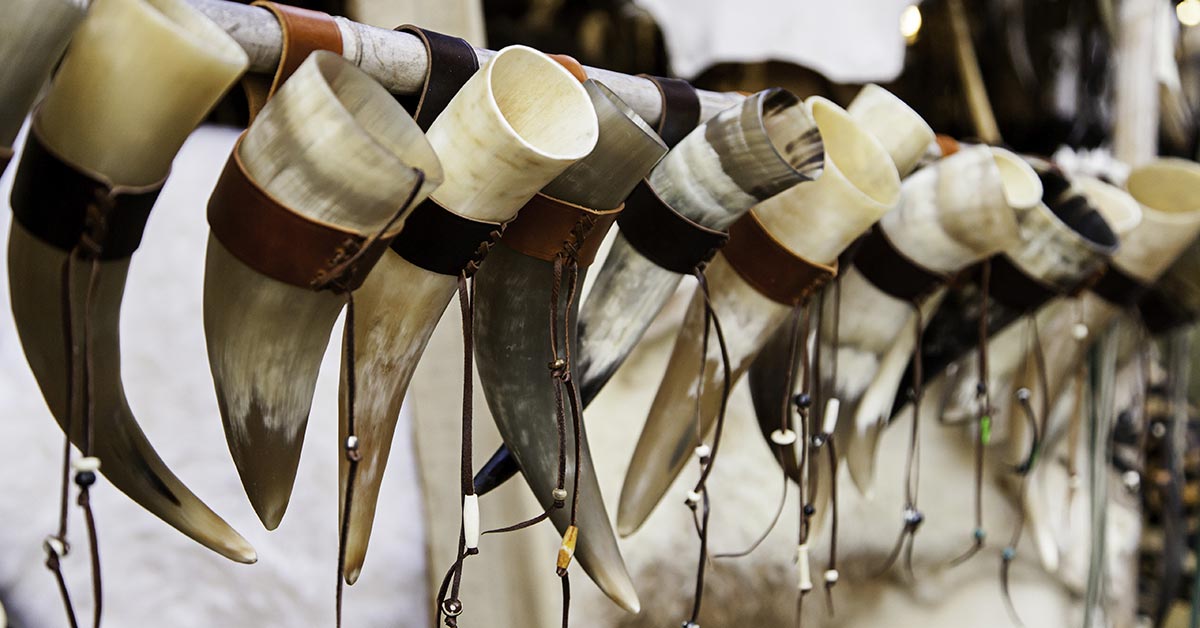 A row of drinking horns in a shop
