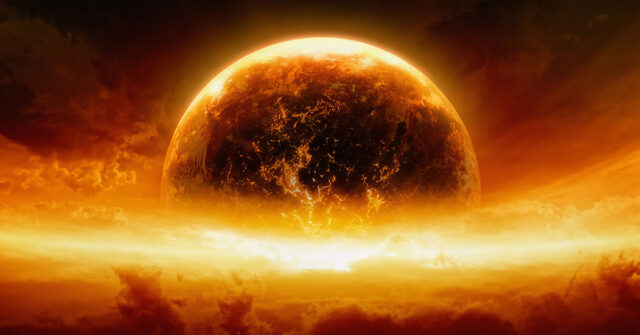 Fantasy image of the earth with a large explosion burning everything out of existence