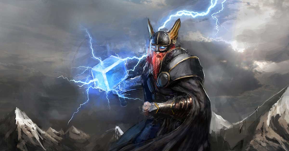 Artists impression of Thor holding Mjolnir with lightning hitting it
