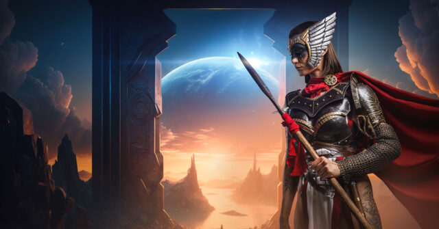 Female warrior dressed in armor holding spear in a dream like, fantasy location.