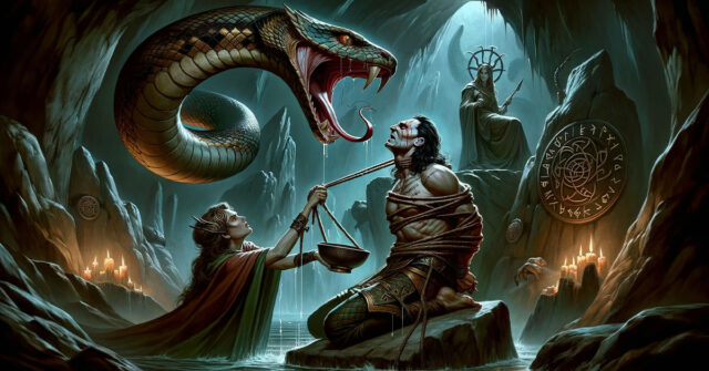 Image showing Loki being bound with a serpent dripping venom on him which is being collected by his wife