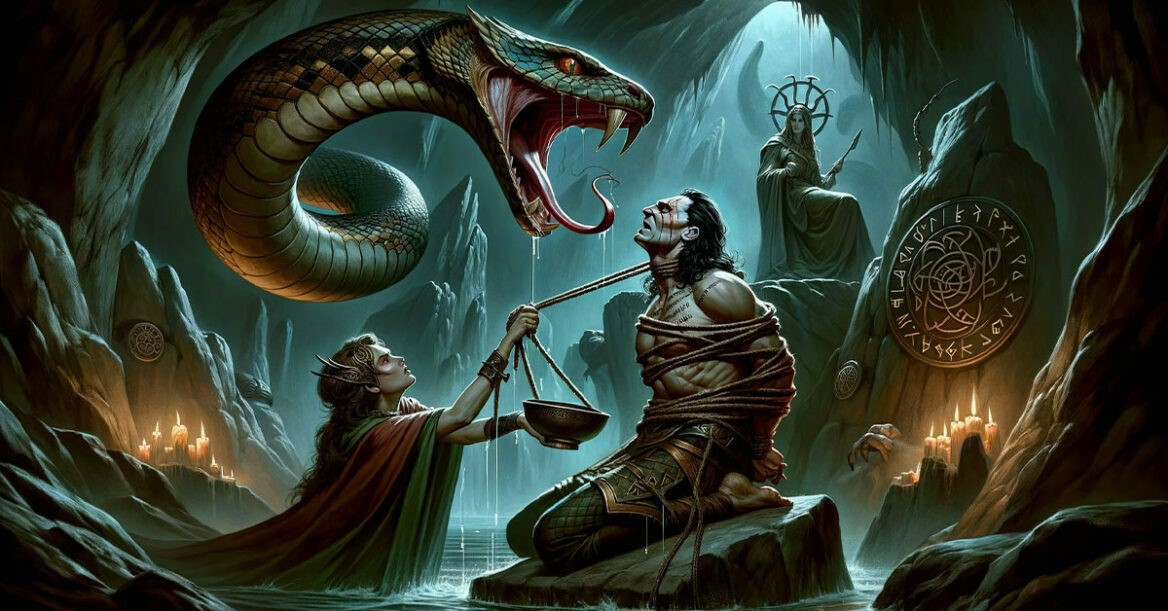 Image showing Loki being bound with a serpent dripping venom on him which is being collected by his wife