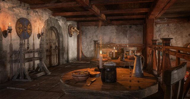 Upstairs dining room in a medieval inn with food and drink on the tables and shields decorating the walls.