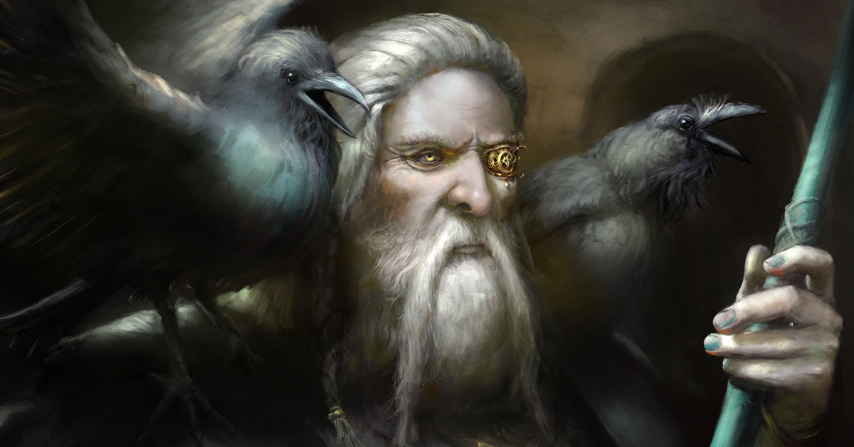 Odin with two black birds on his shoulders
