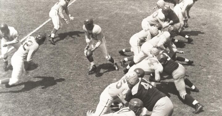 Black and white photo of game play in action