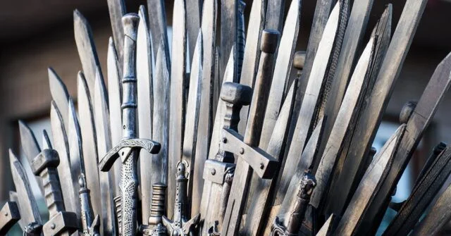 Stack of Viking swords in a unique display.