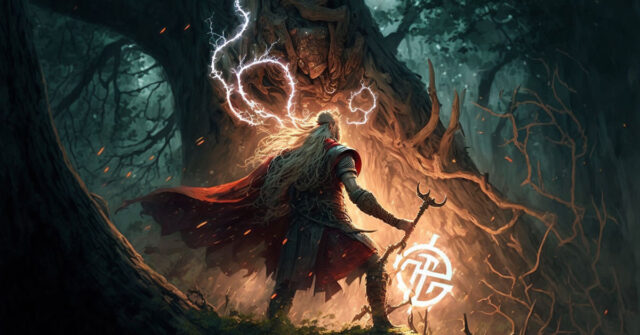 Thor fighting the forest spirits for the old oak
