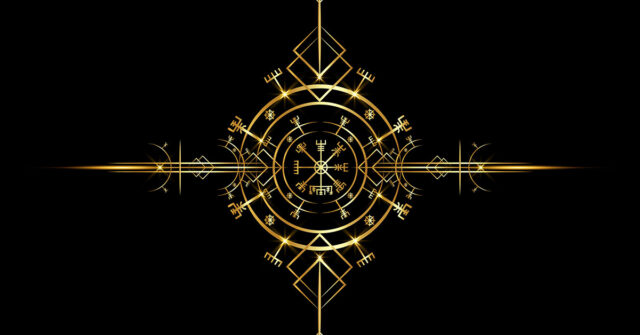 Gold symbol of Vegvisir on a black background