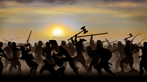 Silhouette of warriors on the battle field in action