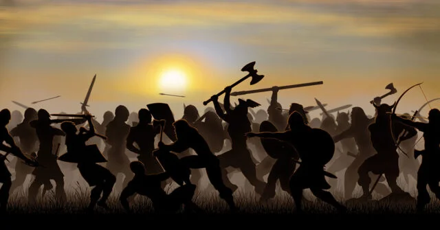 A crowd fighting on a battlefield with various weapons